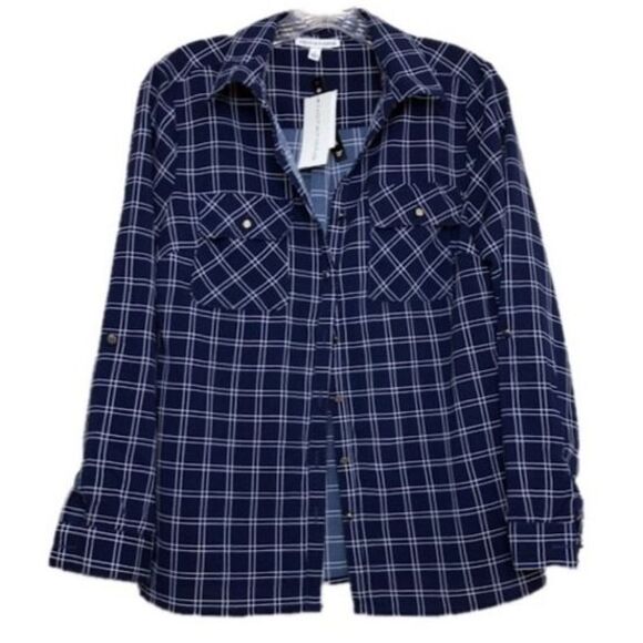 Notations Shirt Blue White Button Down Window-Pane Adjustable Sleeve - Picture 1 of 3